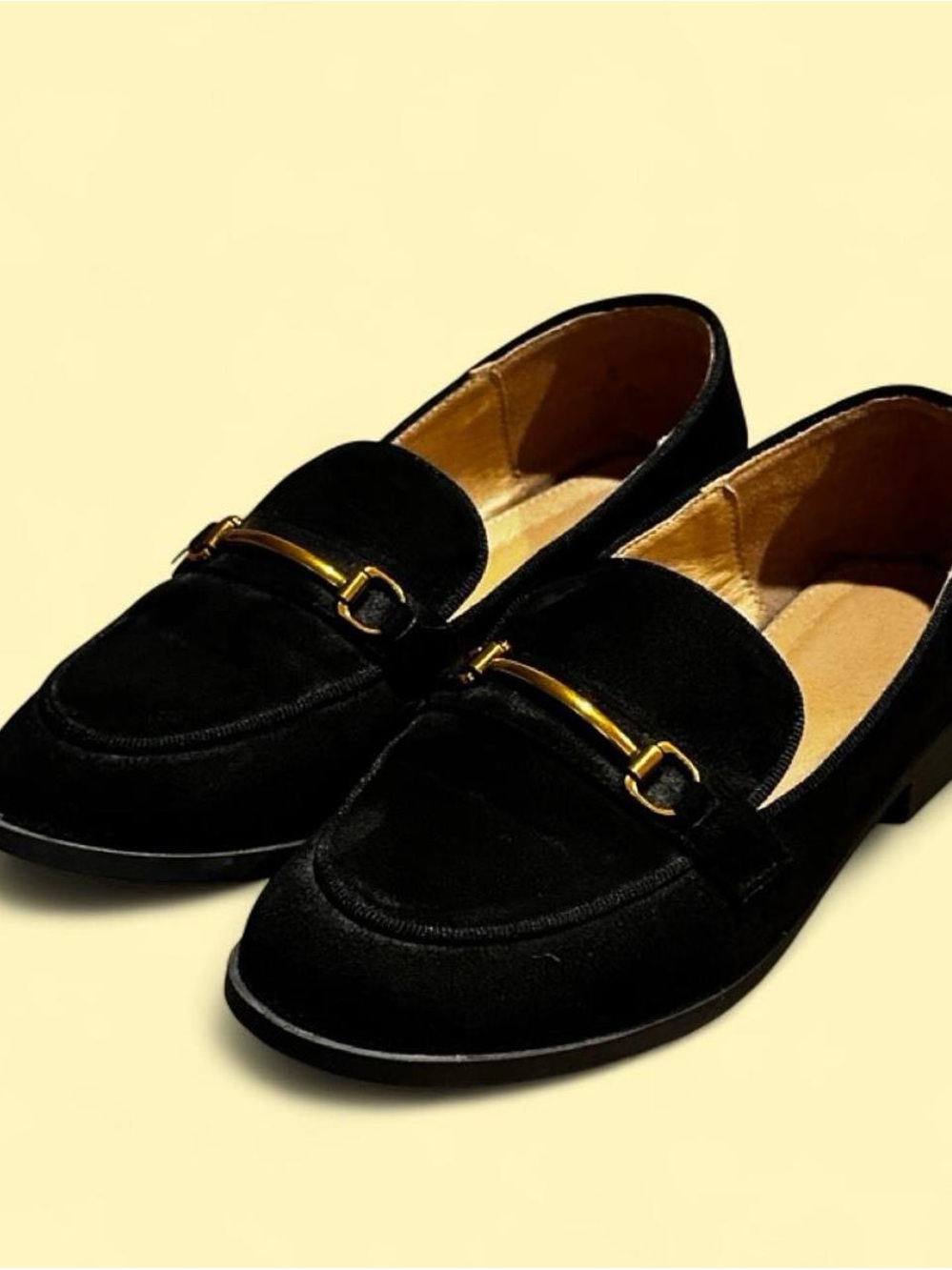 Women's Black Suede Loafers with Gold Accent